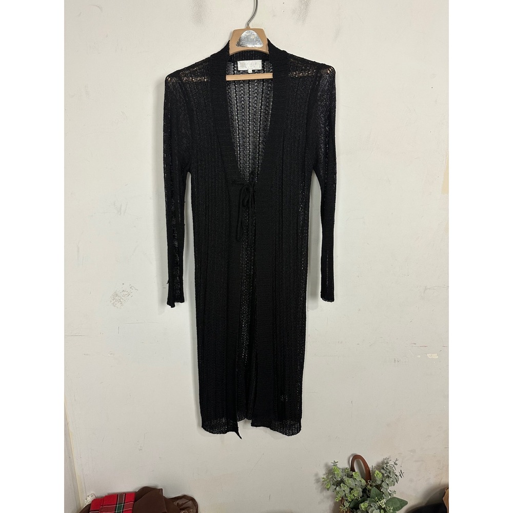 S.L. Design Black Open Knit Longline Cardigan Tie Front Duster Sweater L/XL